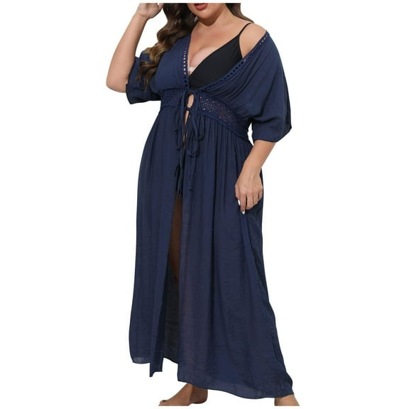 Odeerbi Swimsuit Coverup for Women Crochet Beach Cover Up Dress Hollow Out Bikini Cover Ups Bathing Suit Cover Up Sun Protection Tassels Loose Cover Up Coat Cardigan Navy