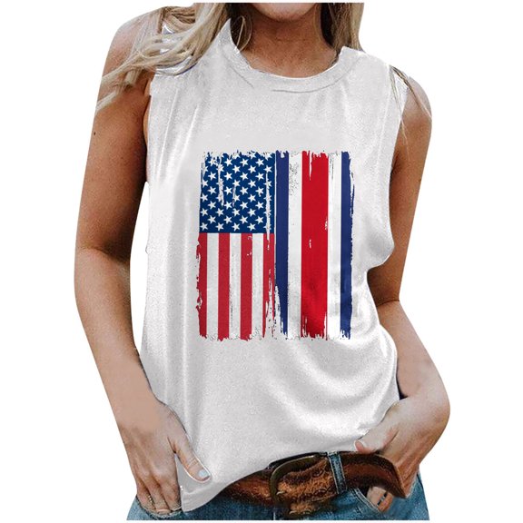 Odeerbi Tank Top For Women Sleeveless Tops 2025 Casual Blouse American Flag Star Stripe Printed T-shirt Tee Tops White