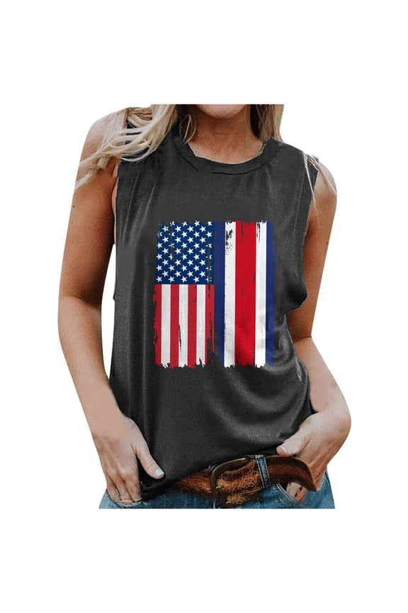 Tank Top For Women Sleeveless Tops Casual Blouse American Flag Star Stripe Printed T-shirt Tee Tops White