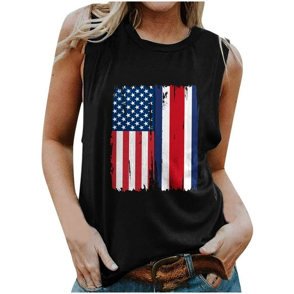 Odeerbi Tank Top For Women Sleeveless Tops 2025 Casual Blouse American Flag Star Stripe Printed T-shirt Tee Tops White