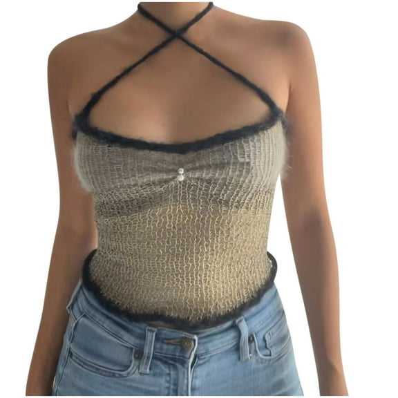 Odeerbi Tank Top for Women 2025 Camisole Tank Tops Sleeveless Tops Erogenous Knitting Slim Bead Suspenders Vest And Top Blouse Gray