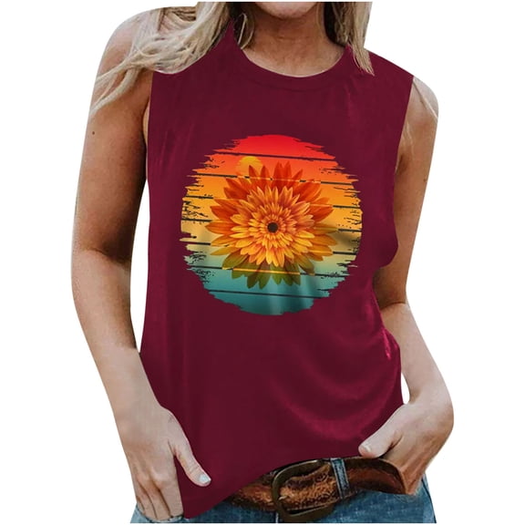 Odeerbi Tank Top for Women Sleeveless Cami Tops 2025 Casual Print Round Neck Loose T-Shirt Top Claret