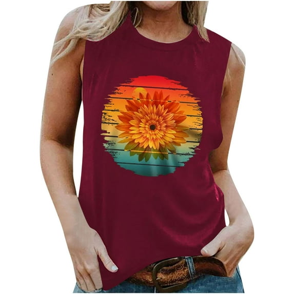 Odeerbi Tank Top for Women Sleeveless Cami Tops 2025 Casual Print Round Neck Loose T-Shirt Top Claret