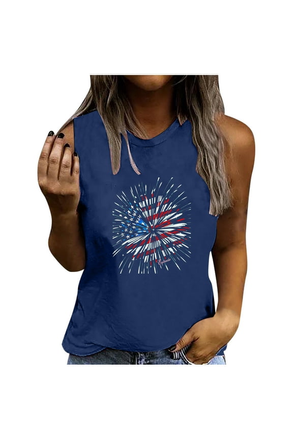 Tank Top for Women Sleeveless Cami Tops Casual Print Round Neck Loose T-Shirt Top Navy