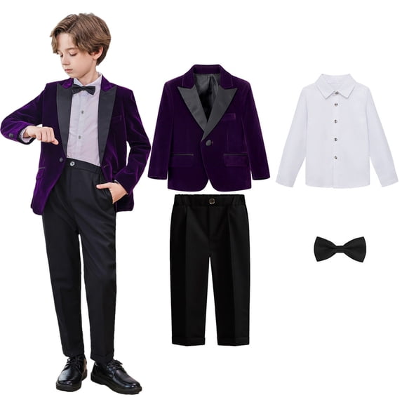 Odeerbi Teen Boys 4 PCS Gentleman Formal Suit Dress Shirt + Blazer Jacket + Suit Pants + Bow Tie Wedding Outfits Set