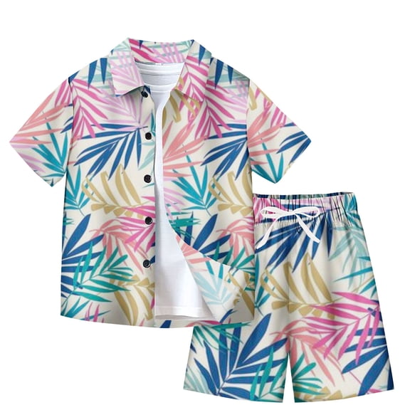 Odeerbi Teen Boys Girls 2 Piece Hawaiian Outfits Summer Clothes Beach Tropical Print Shirts Short Sets Fashion Casual Short Sleeve Tops Turndown Neck Collar Shirt Sets Sky Blue