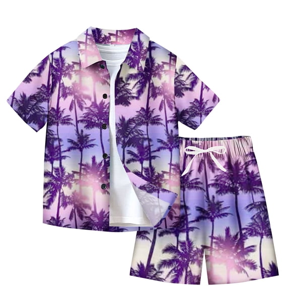 Odeerbi Teen Boys Girls 2 Piece Hawaiian Outfits Summer Clothes Beach Tropical Print Shirts Short Sets Fashion Casual Short Sleeve Tops Turndown Neck Collar Shirt Sets Purple