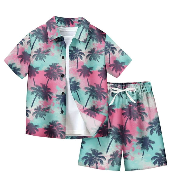 Odeerbi Teen Boys Girls 2 Piece Hawaiian Outfits Summer Clothes Beach Tropical Print Shirts Short Sets Fashion Casual Short Sleeve Tops Turndown Neck Collar Shirt Sets Dark Blue