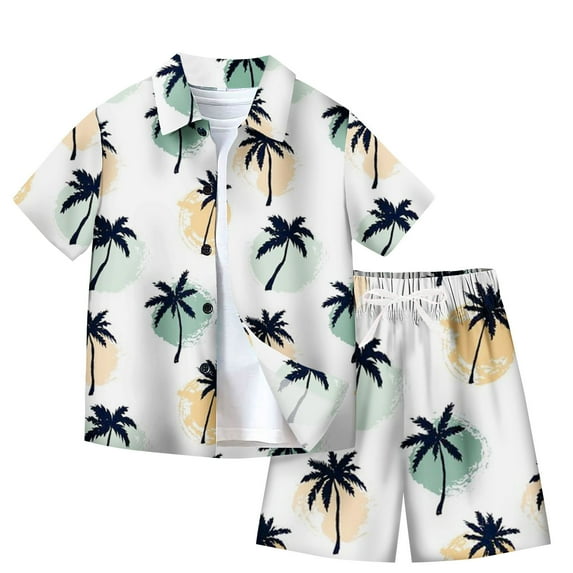 Odeerbi Teen Boys Girls 2 Piece Hawaiian Outfits Summer Clothes Beach Tropical Print Shirts Short Sets Fashion Casual Short Sleeve Tops Turndown Neck Collar Shirt Sets Black