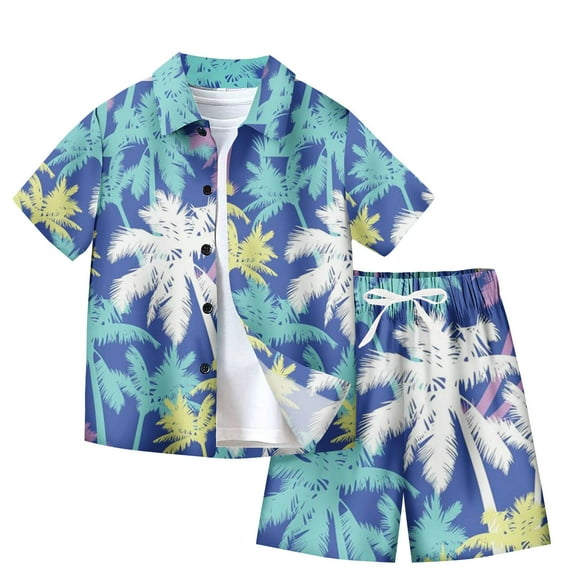 Odeerbi Teen Boys Girls 2 Piece Hawaiian Outfits Summer Clothes Beach Tropical Print Shirts Short Sets Fashion Casual Short Sleeve Tops Turndown Neck Collar Shirt Sets Light Blue