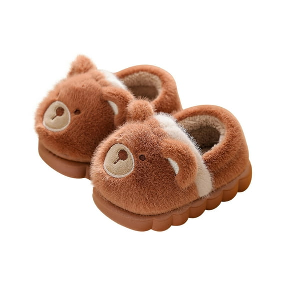 Odeerbi Teen Boys Girls Cartoon Fuzzy Slippers Fall Winter Children's Warmth Indoor Non Slip Cute Plush Slippers Baby Home Cotton Slippers Coffee 12-13 Years