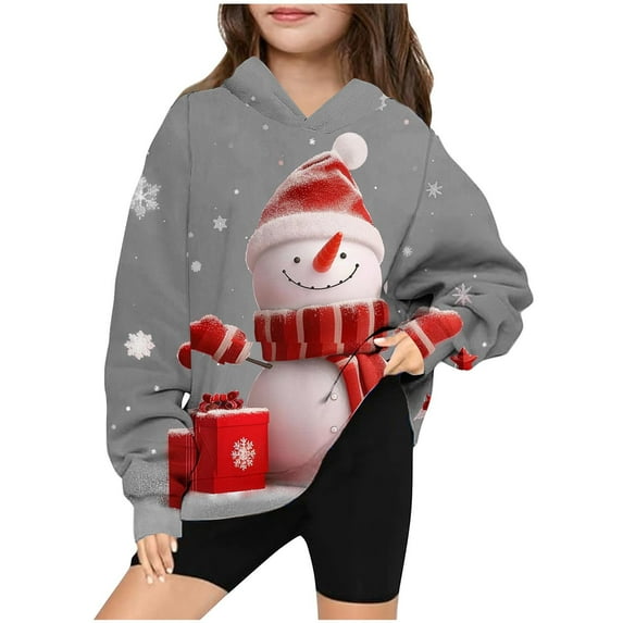 Odeerbi Teen Boys Girls Christmas Hoodies Snowman Print Hooded Sweatshirts Children's Long Sleeve Pattern T-shirt Printed Round Neck Shirt Hooded Sweatshirt Gray
