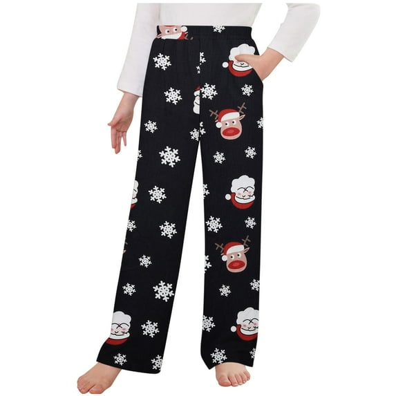 Odeerbi Teen Boys Girls Christmas Pajama Pants Christmas Tree Snowflake Deer Print Sleepwear Bottoms Elastic Waist Sports Pants Loungewear Pants Outside Lantern Pants Black