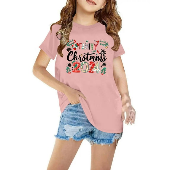 Odeerbi Teen Boys Girls Christmas T-shirt Christmas Print Casual Short Sleeve Tops Shirt Teen Clothes Pink