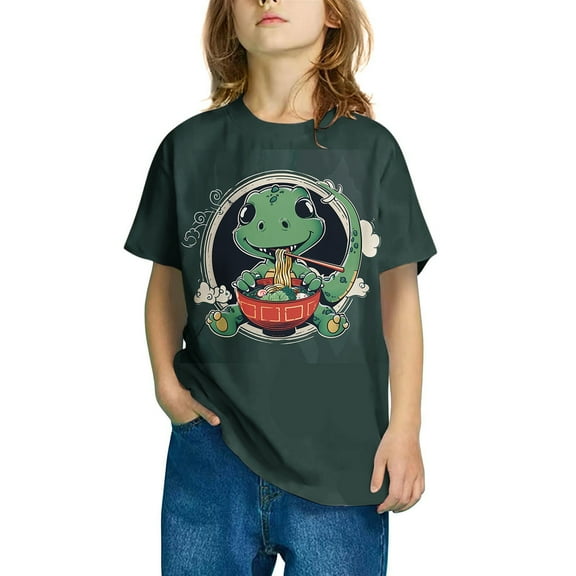 Odeerbi Teen Boys Girls Dinosaur Print T-shirt 3-14 Years Kids Short Sleeve Graphic Shirts Round Neck Crop Tee Top Teen Clothes Olive Green