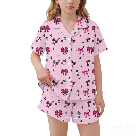 Odeerbi Teen Boys Girls Halloween Pajamas Notched Lapel Short Sleeve Shirt Shorts Pajama Sets