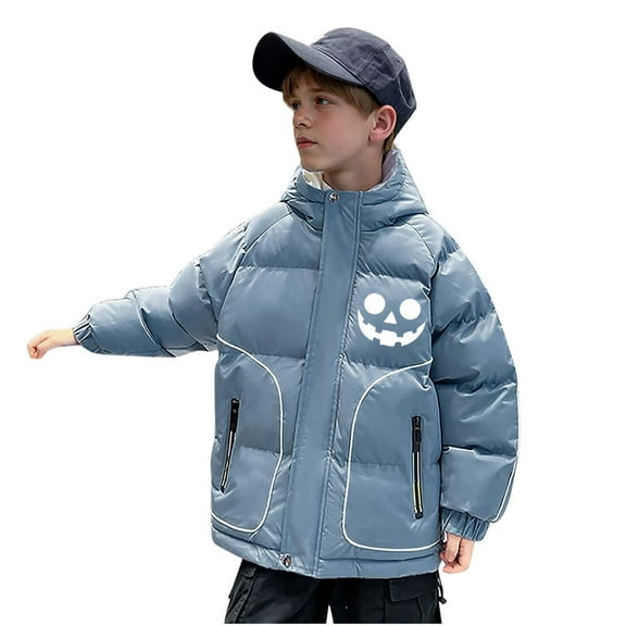 Odeerbi Teen Boys Girls Hooded Puffer Jacket Halloween Pumpkin Winter Coats Thermal Padded Coat Down Jacket Warm Clothes 5-16 Years Kids Long Sleeve Outerwear Heavy Coat Blue