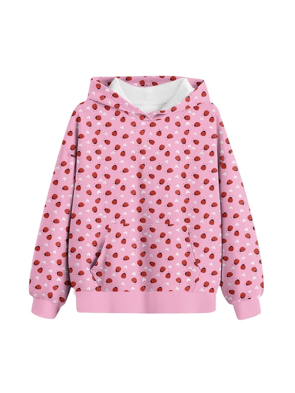 Teen Boys Girls Hoodies Printed Pullover Hooded Sweatshirts Children's Pattern Printed Round Neck Long Sleeve Hooded Sweatshirt Hot Pink