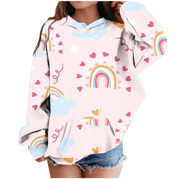 Odeerbi Teen Boys Girls Hoodies Printed Pullover Hooded Sweatshirts Children's Printed Round Neck Long Sleeve Hooded Sweatshirt Pink