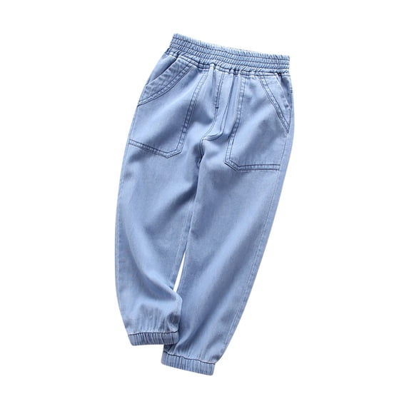 Odeerbi Teen Boys Girls Soft Loose Denim Pants Cartoon Printed Jogger Jeans Children's Casual Solid Color Loose Leg Tied Denim Pants with Large Pocket Light Blue