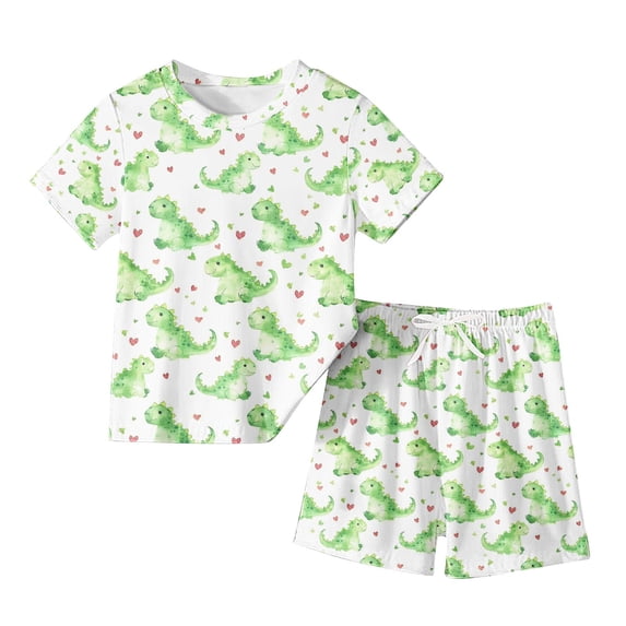 Odeerbi Teen Boys Girls Two Piece Outfits Summer Clothes Fashion Casual Dinosaur Cartoon Printed Round Neck Short Sleeve Tops Shorts Set Green