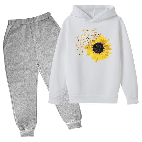 Odeerbi Teen Boys Girls Winter Outfits Cartoon Print Sweatsuits Children Fashion Casual Long Sleeve Sunflower Print Hoodies Sweatpants Tracksuit Set