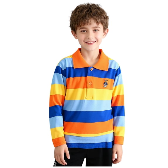 Odeerbi Teen Boys Striped Cotton Golf Shirts Embroidered Lapel Button Long Sleeve Tennis Shirts School Uniform