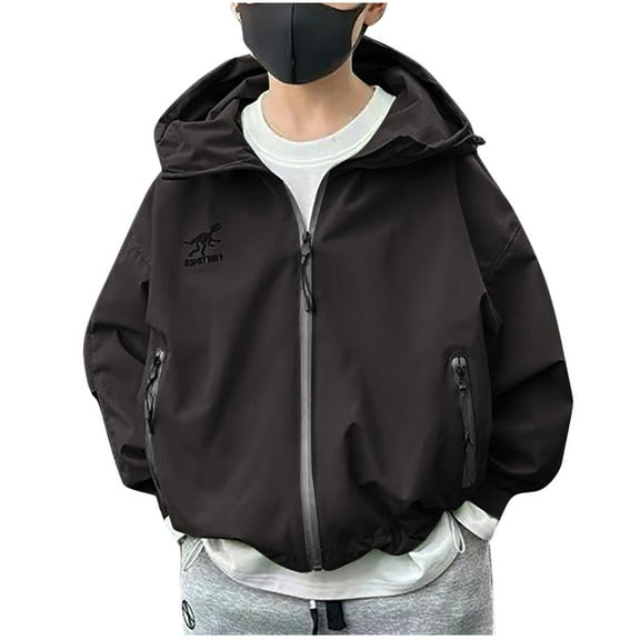 Odeerbi Teen Boys Winter Coat Dinosaur Printed Jacket Warm Outerwear Overcoat Fall Wear Long Sleeve Hooded Jackets Black