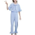 thumbnail image 1 of Odeerbi Teen Girls 2 Piece Outfits Ruffle Tops Pants Set Summer Clothes Spring Cute Solid Color Long Sleeve Comfy V-Neck Blouses Pants Set Blue, 1 of 4