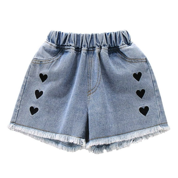 Odeerbi Teen Girls Denim Shorts Ripped Fringed Jeans Shorts Summer Thin Heart Embroidered Elastic Waist Shining Denim Ragged Shorts Blue 14-15 Years