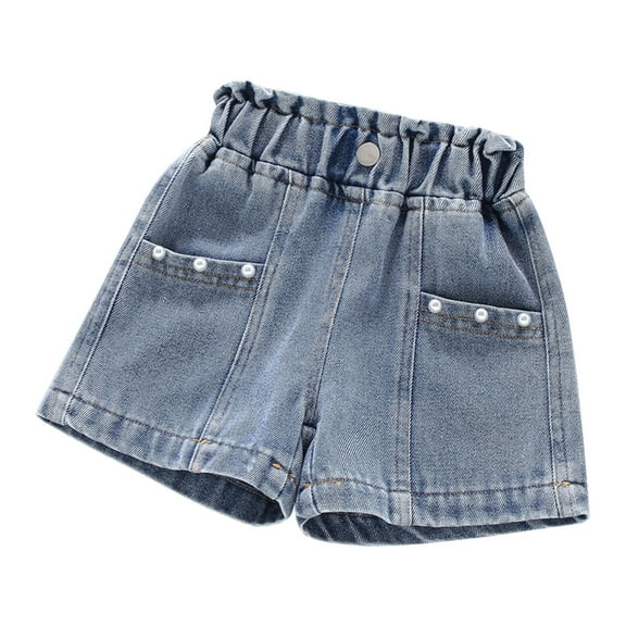 Odeerbi Teen Girls Denim Shorts Summer Pearl Beaded Jeans Shorts Summer Thin Elastic Waist Shining Perforated Denim Shorts with Pearl Pocket Blue 14-15 Years