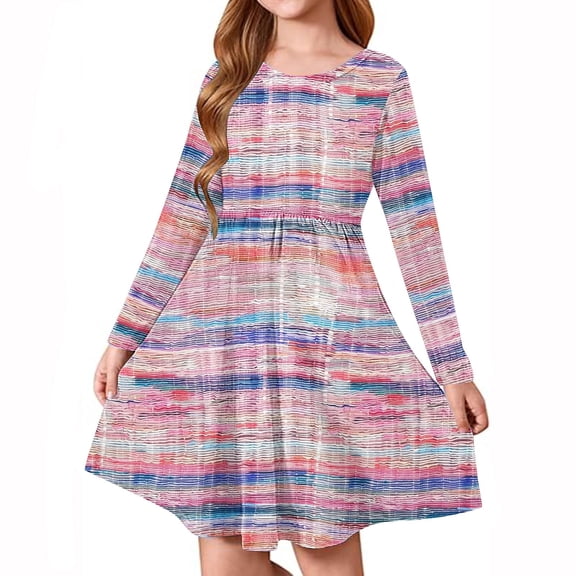 Odeerbi Teen Girls Gradient Striped A-Line Dress Cute Long Sleeve Skater Dress Retro Vintage Stretchy School Recital Twirly Dress Teen Girls Clothes