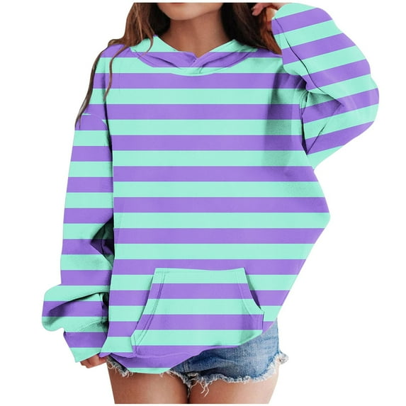 Odeerbi Teen Girls Hoodies Striped Pullover Hooded Sweatshirts Children's Pattern Printed Round Neck Long Sleeve Hooded Sweatshirt Sky Blue