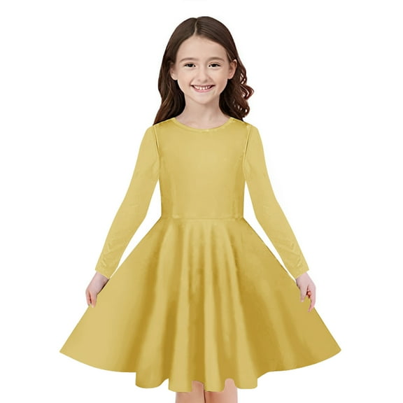 Odeerbi Teen Girls Long Sleeve A-Line Dress Spring Cute Flared Swing Dress Solid Color Stretchy Skater Dress Twirly School Recital Dress Teen Girls Clothes