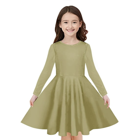 Odeerbi Teen Girls Long Sleeve A-Line Dress Spring Cute Flared Swing Dress Solid Color Stretchy Skater Dress Twirly School Recital Dress Teen Girls Clothes