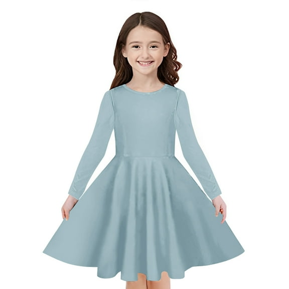 Odeerbi Teen Girls Long Sleeve A-Line Dress Spring Cute Flared Swing Dress Solid Color Stretchy Skater Dress Twirly School Recital Dress Teen Girls Clothes