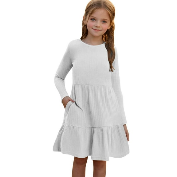 Odeerbi Teen Girls Long Sleeve Tiered Rib Knit Dress Children Solid Color Round Neck Princess Dress with Pocket Teen Girls Clothes