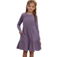thumbnail image 1 of Odeerbi Teen Girls Long Sleeve Tiered Rib Knit Dress Children Solid Color Round Neck Princess Dress with Pocket Teen Girls Clothes, 1 of 9