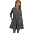 thumbnail image 1 of Odeerbi Teen Girls Long Sleeve Tiered Rib Knit Dress Children Solid Color Round Neck Princess Dress with Pocket Teen Girls Clothes, 1 of 9