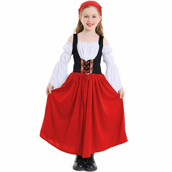 Odeerbi Teen Girls Oktoberfest Dresses Medieval Stage Performance Dress Solid Color Long Sleeve Round Neck Ankle Dress Red