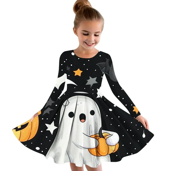 Odeerbi Teen Girls Skater Twirl A-Line Dress Long Sleeve Pleated Dancing Dress Spring Fall Halloween Dress 4-14 Years Children Halloween Printed Princess Dress Teen Clothes Black