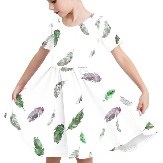Odeerbi Teen Girls Summer A-Line Dress Cute Feather Print Swing Dress Teen Kids Short Sleeve Stretchy Dress Teen Girls Clothes