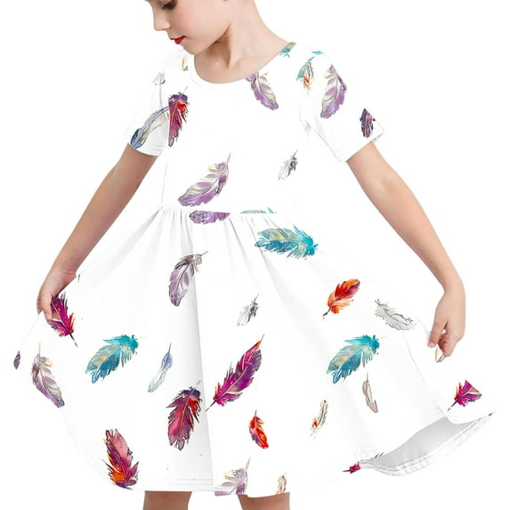 Odeerbi Teen Girls Summer A-Line Dress Cute Feather Print Swing Dress Teen Kids Short Sleeve Stretchy Dress Teen Girls Clothes