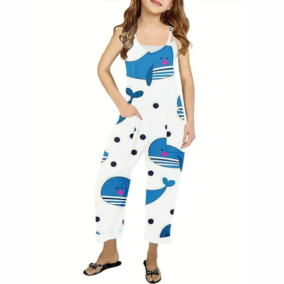 Odeerbi Teen Girls Summer Jumpsuit Cartoon Print Bib Overalls Casual Sleeveless Rompers Long Pants with Pockets 5-14 Years Light Blue