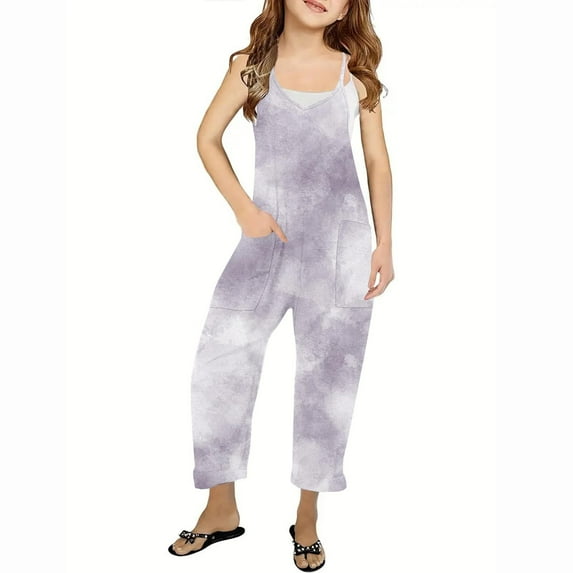 Odeerbi Teen Girls Summer Jumpsuit Tie-dye Bib Overalls Casual Sleeveless Rompers Long Pants with Pockets 5-14 Years Gray