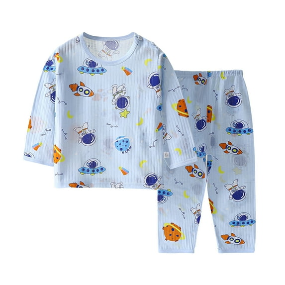 Odeerbi Teen Pajamas Toddler Boys Girls Pajamas Kids Baby Summer 2025 Casual Long Sleeve Loungewear Thin Air-conditioned Home Clothing Two Piece Set Blue