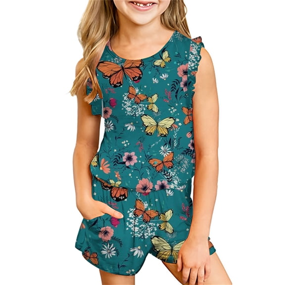 Odeerbi Teen Two-piece Set Toddler Kids Girls Summer Outfits Tank Tops Flower Print Comfortable Cotton T-shirt Sleeveless Top Shorts Set Green