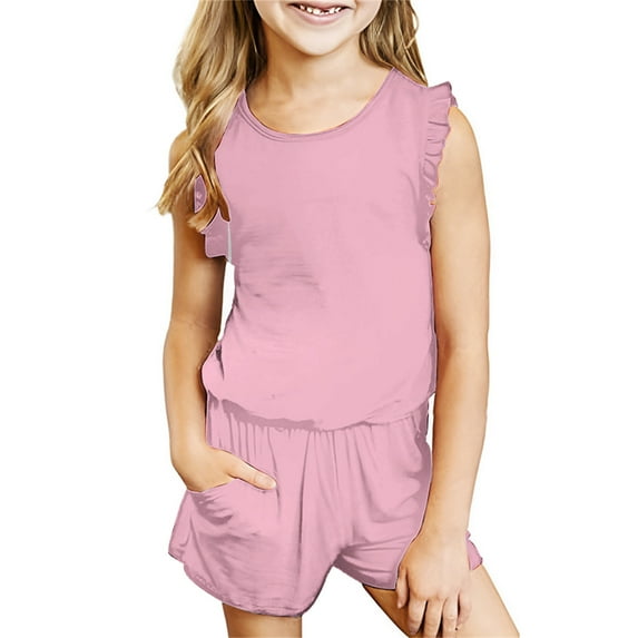 Odeerbi Teen Two-piece Set Toddler Kids Girls Summer Outfits Tank Tops Solid Color Comfortable Cotton T-shirt Sleeveless Top Shorts Set Hot Pink