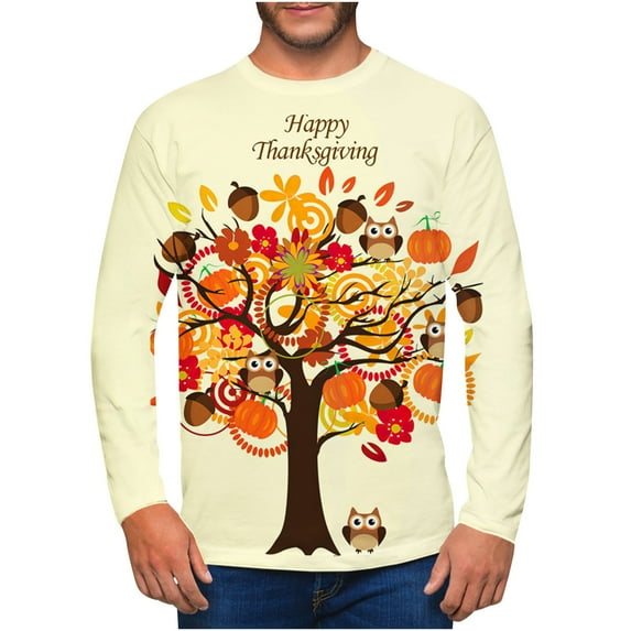 Odeerbi Thanksgiving Shirts For Men 2024 Casual Round Neck Pullover 3D Printed Realistic Print T-Shirt Khaki