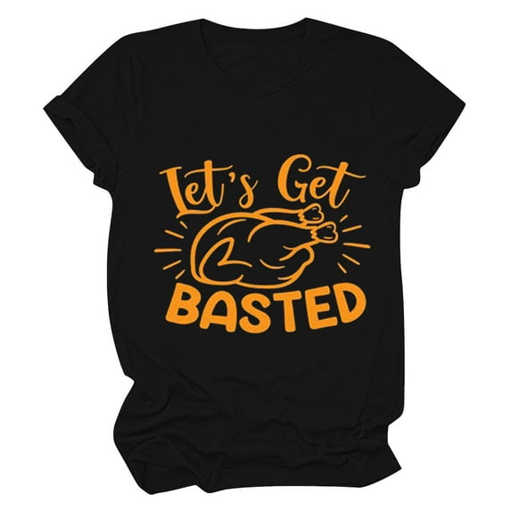 Odeerbi Thanksgiving Shirts For Women 2025 Casual Round Neck Short-sleeved Printed T-shirt Top Black